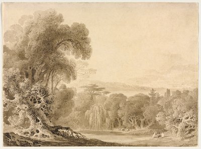 Figurer som sitter ved en innsjø i et skogslandskap, 1820. av John Martin