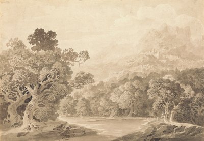 Skogkledde elvebredder, Hill Town og fjelltopper i avstand av John Martin