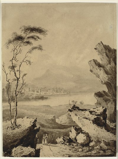 Italiensk landskap med innsjø, og med by og fjell i bakgrunnen av John Martin