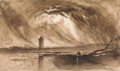 Landskap med tårn og storm som nærmer seg av John Martin