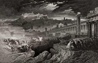 Marcus Curtius rir inn i kløften, gravert av H. Le Keux av John Martin