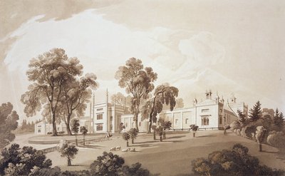 Utsikt over gårdshuset med skjerm til staller og gårdsbygninger til Sezincote House, gravert av Frederick Christian Lewis Snr. (1779–1856), ca. 1817–18 (sepiaakvatint) av John Martin