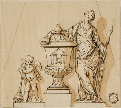 Design for et begravelsesmonument med skjebne, putto og urne av John Michael Rysbrack