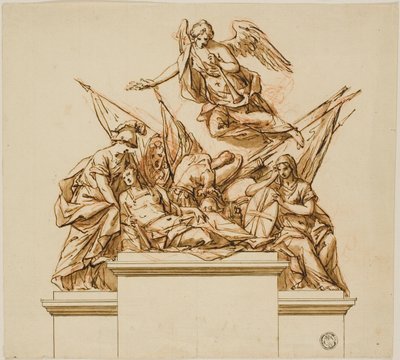 Kriger ledsaget av Britannia, Minerva og Fame (rekto); Design for monumentet til Nicholas Rowe (verso) av John Michael Rysbrack