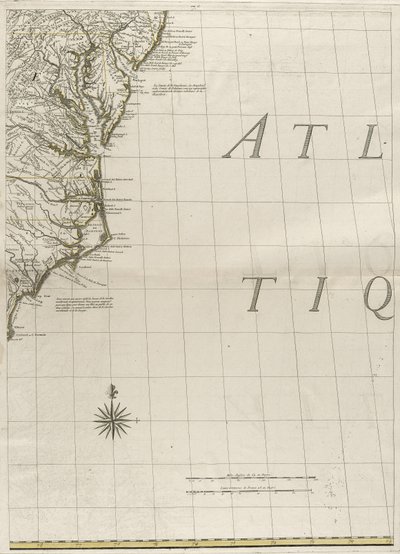 Et kart over de britiske og franske herredømmene i Amerika, 1756 (gravering med konturfarge på papir) av John Mitchell