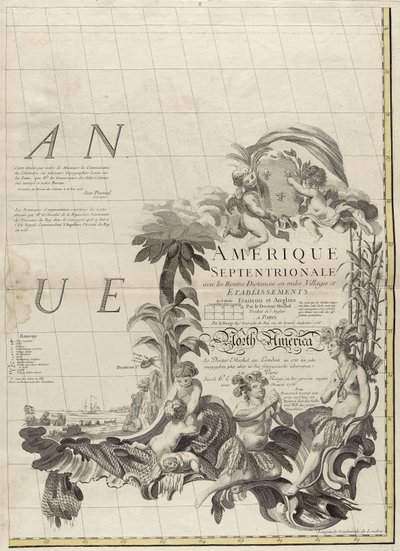 Et kart over de britiske og franske herredømmene i Amerika, 1756 (gravering med konturfarge på papir) av John Mitchell