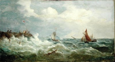 Boats Making for the Harbour Mouth (olje på panel) av John Moore