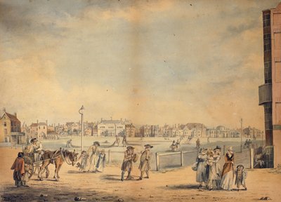 Brighton, viser Miss Widgetts sirkulerende bibliotek, Marlborough House, Castle Inn and Assembly Rooms og Marine Pavilion, 1792 av John Nixon