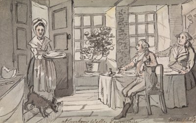Figurer som sitter ved et bord og blir servert mat, Crockem Wells, Devonshire av John Nixon