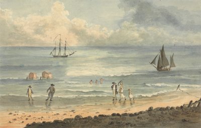 On the Sands at Brighton: Figures Walking on the Shore av John Nixon