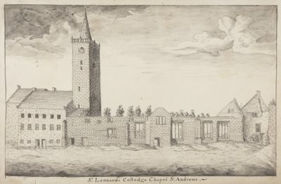 St Andrews Delineated - St Leonards Colledge Chapel St Andrews (penn og vask på papir) av John Oliphant