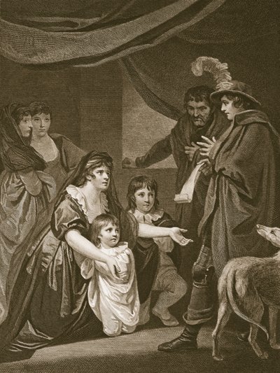 Lady Elizabeth Gray ber Edward IV om å beskytte barna sine, gravert av W. Bromley, illustrasjon fra David Humes 