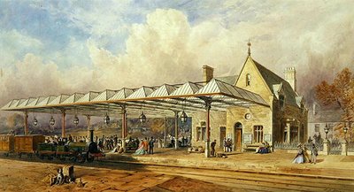 Jernbanestasjon, 1868 (wc og penn og blekk på papir) av John Osborn Brown