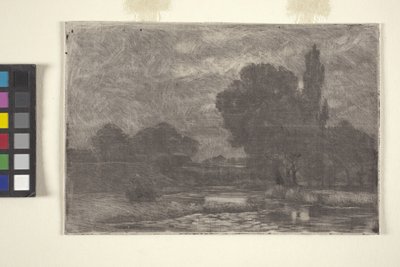 Myrlendt landskap (etsing og monoprint) av John Otis Adams