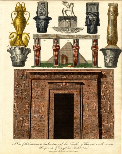 Utsikt over inngangen til helligdommen i Tentyra-tempelet: med forskjellige fragmenter av egyptisk arkitektur av John Pass
