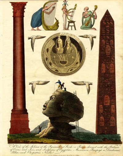 Et utsyn over sfinksen ved pyramidene i Giza: en patera fylt med portretter av Osiris og Isis; og skulpturer av egyptiske musikere; Pompeius#39; eller Dioklesians søyle; og Kleopatras nål av John Pass