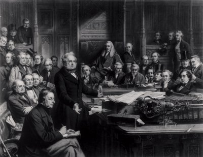 Underhuset i 1860: Lord Palmerston henvendte seg til huset under debatten om traktaten med Frankrike, gravert av Falkner, 1863 (se også 42219 og 107821) av John Phillip