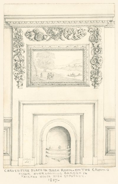 Utskåret peis i bakrommet i første etasje med utsikt over hagen, Fairfax House, High Street, Putney, 1887 av John Phillipp Emslie