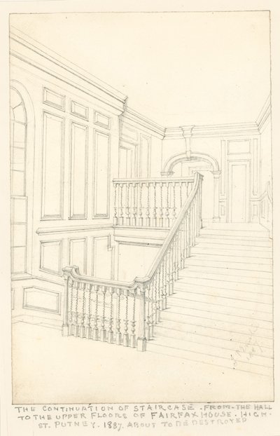 Fortsettelsen av trappen, fra hallen til de øvre etasjene, til Fairfax House, High Street, Putney, 1887 av John Phillipp Emslie