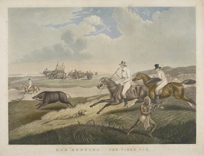 Hog Hunting: The Tired Pig, gravert av S.W. Fores (1785-1825) ca. 1840 (håndfarget akvatint) av John Platt