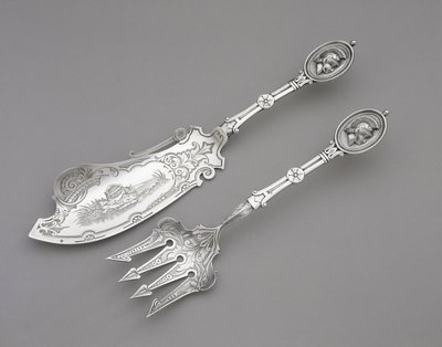 Fiskegaffel og kniv, ca. 1862–1870 (sølv) av John R. Wendt