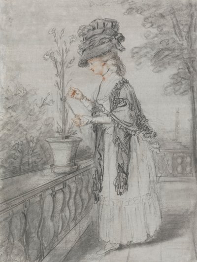 Dame på en terrasse som passer på en nellikplante av John Raphael Smith