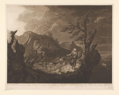 Stormfullt landskap med bard på kanten av en klippe av John Raphael Smith