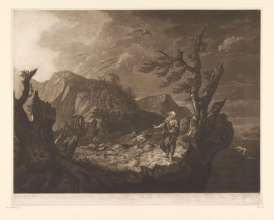 Stormfullt landskap med bard på kanten av en klippe av John Raphael Smith
