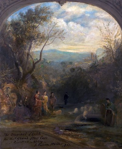 Den originale skissen for Grand Staircase i Newstead Abbey, Nottinghamshire, 1832 av John Rawson Walker