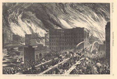 Chicago i flammer - rush for livet over Randolph Street Bridge, illustrasjon fra Harpers Weekly, 1871 av John Reuben after Chapin