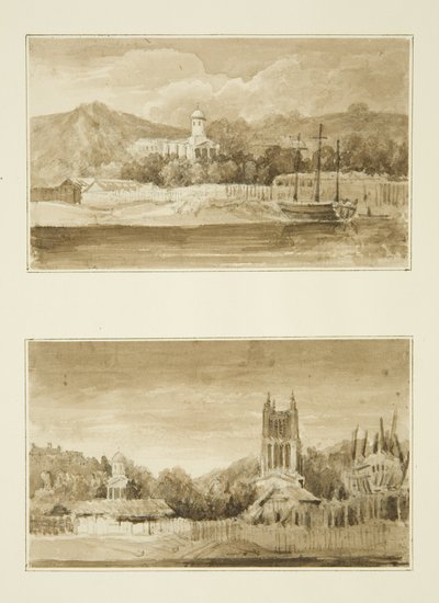 To utsikter over St George's Chapel fra havnen (tegning, akvarell) av John Reverend Eden