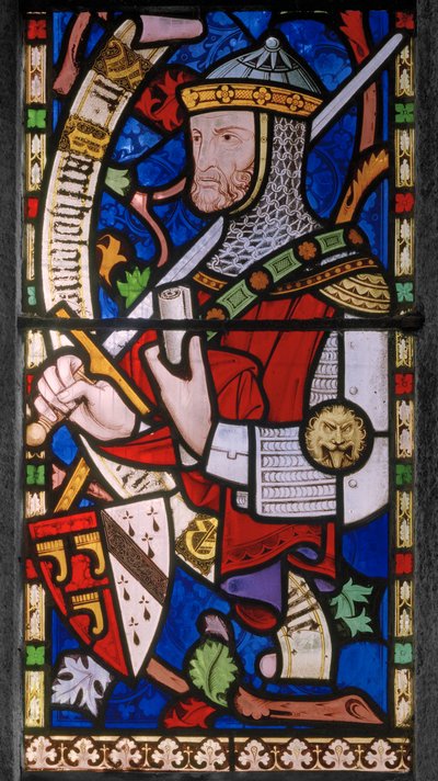 Ridder fra 1300-tallet, Granville-våpen, 1859–60 (farget glass) av John Richard Clayton