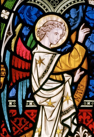Maulden, St Mary, East Window, detalj, Clayton & Bell, John Richard Clayton (1827-1913), Engel, detalj, Kristus i Majestet, ca. 1859 Mary av John Richard Clayton