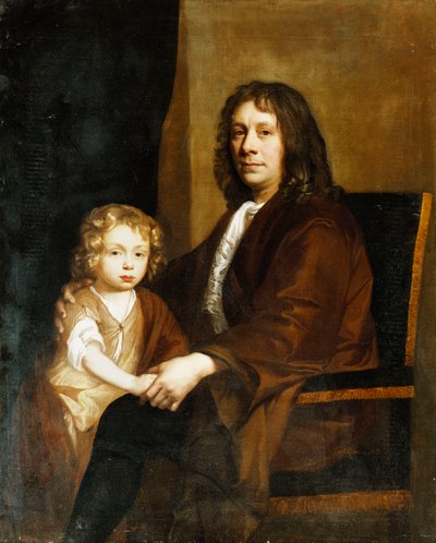 Portrett av Thomas Rowe og hans sønn, sittende tre-kvarts lengde, førstnevnte i brun kjole, sistnevnte i brun kjole og omslag, av John Riley