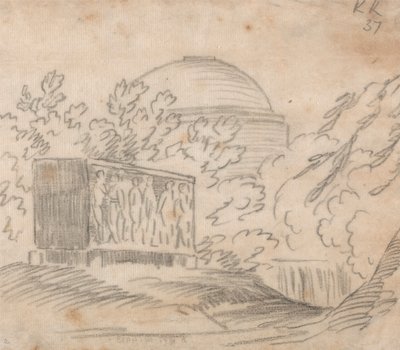 En sarkofag bak en kuppelbygning av John Robert Cozens