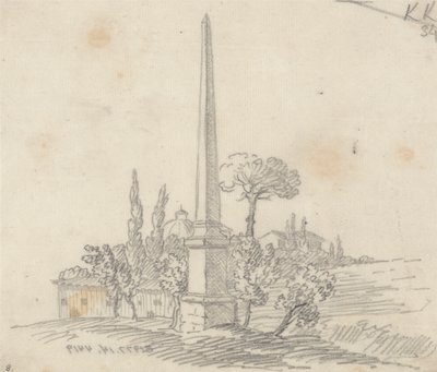 En obelisk med tak og trær i det fjerne av John Robert Cozens
