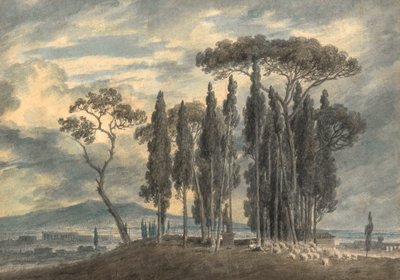 I hagene til Villa Negroni i Roma (blyant og akvarell med utskraping) av John Robert Cozens