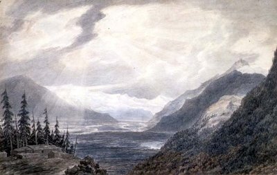 PD.6-1965 Pays de Valais, nær Genfersjøen, ca. 1776 (indisk blekk, blyant og vask på papir) av John Robert Cozens