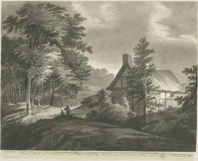 Rugeley - Hytte nær Etchinghill: mørk sepia vasketegning, 1835 av John Robert Fernyhough