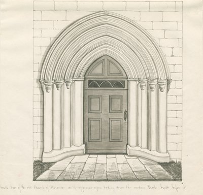 Uttoxeter Church - South Door: penn- og vasketegning, og [midten av 1800-tallet] (tegning) av John Robert Fernyhough