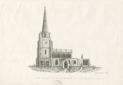 Uttoxeter kirke [gammel]: penn- og blekktegning, 1836 av John Robert Fernyhough