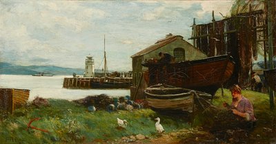 Mending the Nets, Ardrishaig (olje på lerret) av John Robertson Reid