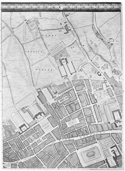Et kart over Bloomsbury og Holborn, London, 1746 av John Rocque