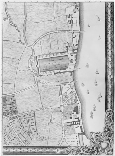 Et kart over Lower Rotherhithe Docks, London, 1746 (gravering) av John Rocque