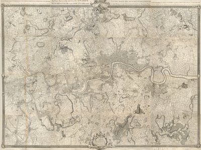 Et kart over london fra 1700-tallet. En eksakt undersøkelse av byene London, Westminster ye Borough of Southwark og landet nær ti miles rundt begynte i 1741 og ble avsluttet i 1745 / av John Rocque landmåler og (gravert) av Richard Parr. av John Rocque