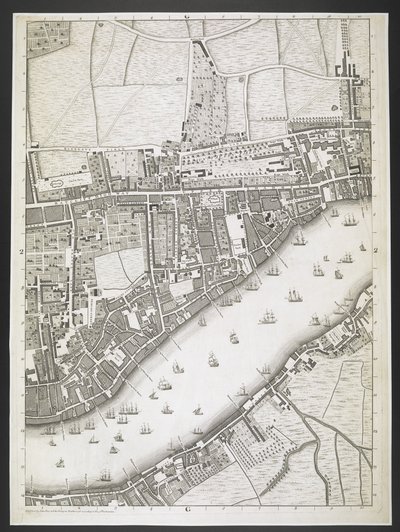 Plan over London, Ratcliff motorvei, Upper Shadwell road,  En plan over byene London og Westminster, og bydelen Southwark; : med de sammenhengende bygningene; Fra en faktisk undersøkelse, / tatt av JOHN ROCQUE, Land-Surveyor, og gravert av John Pine,  J av John Rocque