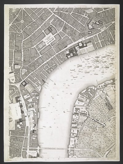 Plan over London, The Strand, Westminster bridge,  En plan over byene London og Westminster, og bydelen Southwark; : med de sammenhengende bygningene; Fra en faktisk undersøkelse, / tatt av JOHN ROCQUE, Land-Surveyor, og gravert av John Pine,  John Rocq av John Rocque