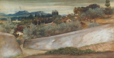 Et toskansk landskap med landsby og olivenlund av John Roddam Spencer Stanhope