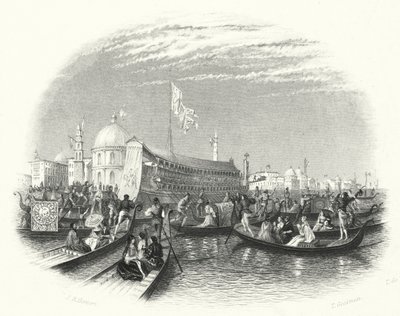 Havets ekteskap. Lekteren til Doge og gondoler på vannet i Venezia (gravering) av John Rogers (after) Herbert