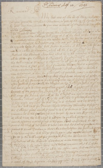 Et brev fra John Row, en student ved St. Andrews, til sin onkel, 1691 av John Row